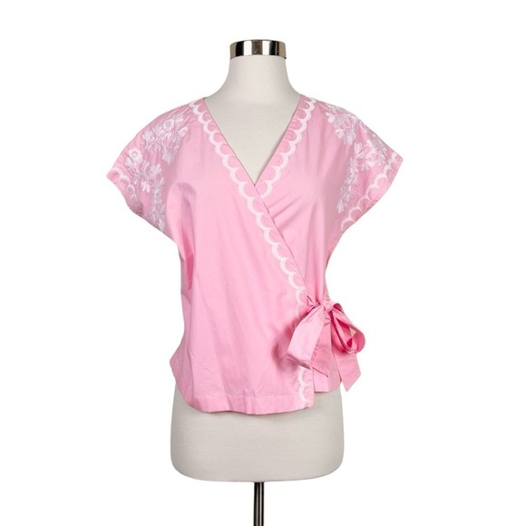 Madewell Pink White Embroidered Side Tie Wrap Top Boho Top Blouse Size XS - Picture 1 of 11
